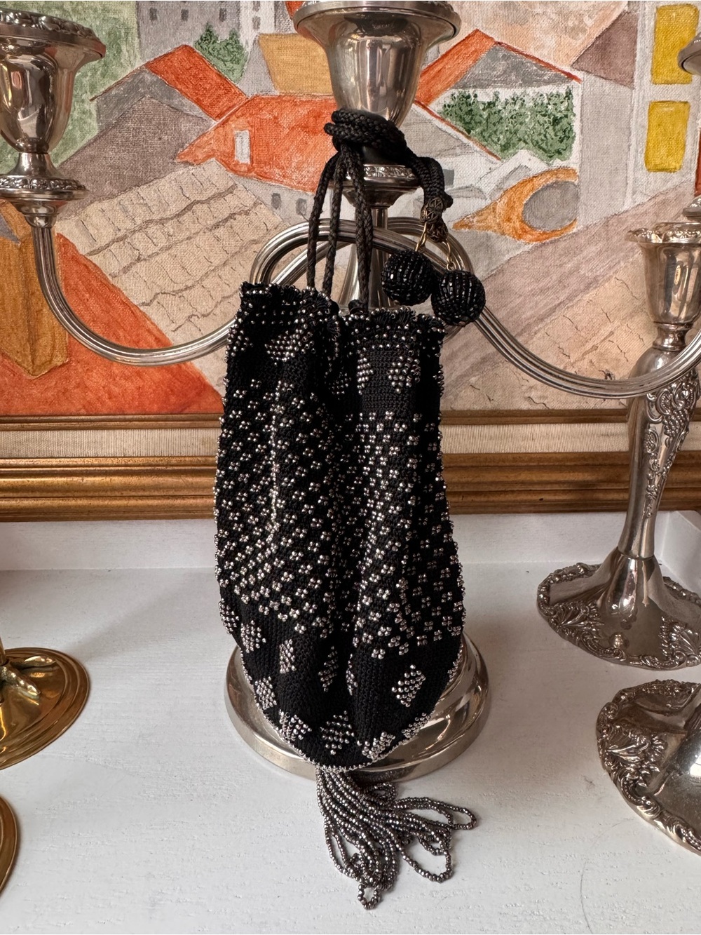 Antique Micro Cut Steal Crocheted Bag Reticule with Tassel and Metallic Fringe